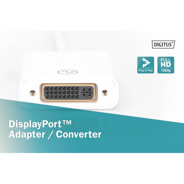 Kabel adapter DIGITUS mini DisplayPort 1080p 60Hz FHD Typ miniDP/DVI-I (24+5) M/Ż biały 0.15m-7841077