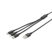 Kabel USB 2.0 DIGITUS 3w1 Typ USB C + Lightning + microUSB B/ USB A M/M 10W nylon czarny 1m